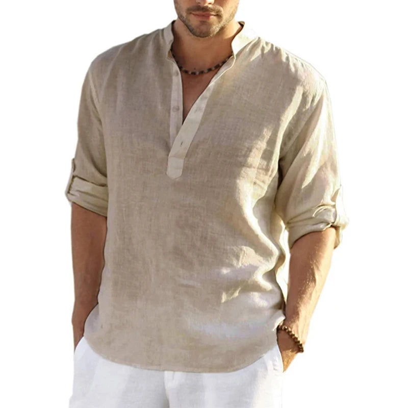 2023 New Men's Linen Long Sleeve T-Shirt Solid Color Loose Casual T-Shirt Long Sleeve Cotton Linen Shirt S-5XL