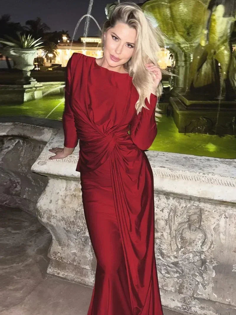 New Elegant High Waist Folds Long Maxi Pink Dresses for Women 2025 Chic O-neck Long Sleeve Tunics Slim Solid Party Evening Dress