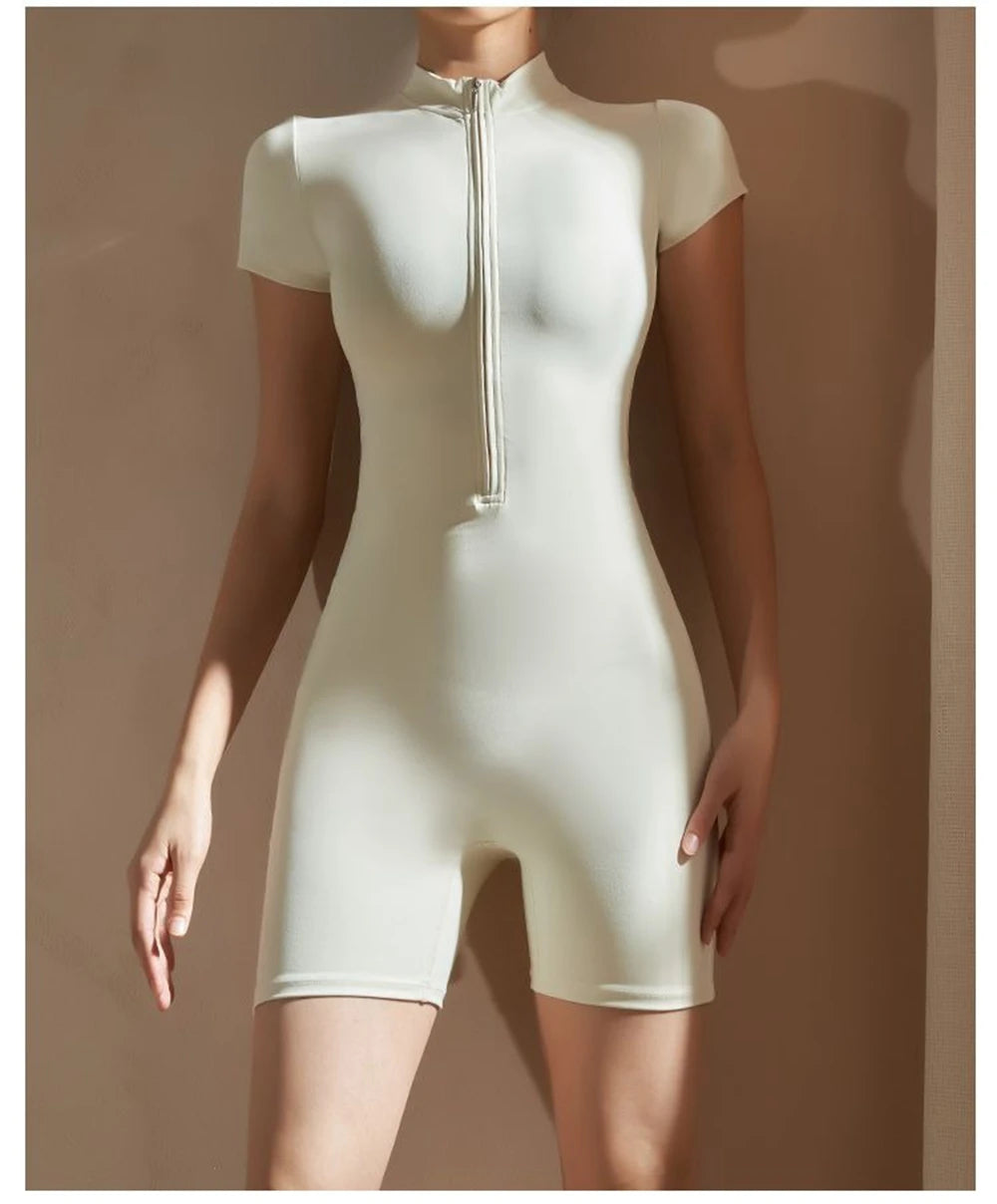 Womens Yoga Short Sleeve Jumpsuits Slim Fit Stretch One Piece Playsuits Romper Sexy Fitness Female Basic Zipper Sportwears
