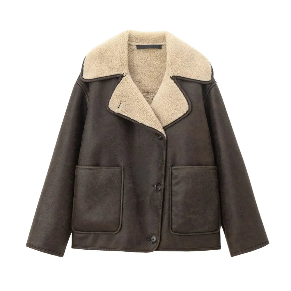 UNIZERA Pocket Decor Single breasted Warm Coat Autumn/Winter Fleece Collar Long Sleeve Women's Jacket Coat