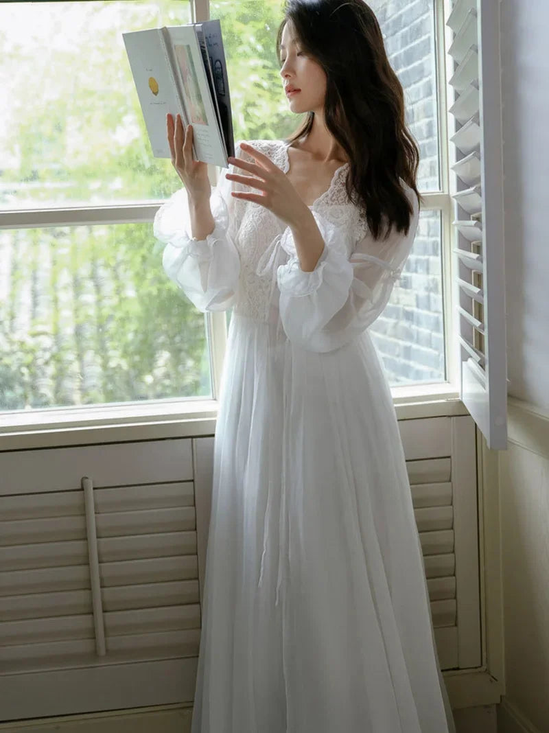 Princess Fairy Night Dress Robe French Morning Gown Lace Mesh Ruffles Vintage Sexy Two-piece Nightgown Female Spring Summer