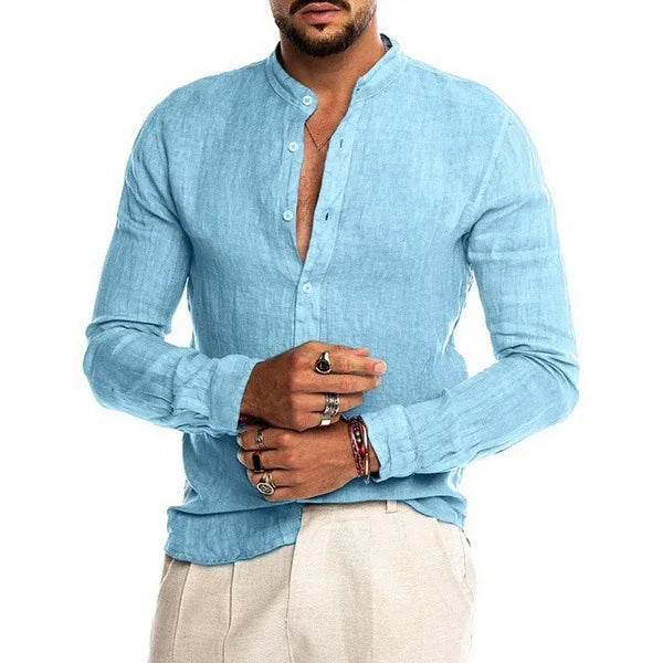 2023 New Men's Solid Color Linen Long Sleeve Shirt Stand Collar Cardigan Long Sleeve Loose Men's Shirt