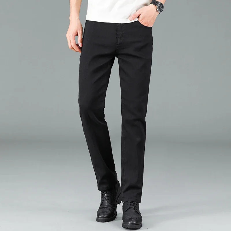 Men's Pure Black Slim Jeans Elastic Straight Pants Business Fashion Leisure Korean Vintage Skinny Small Feet Denim Pants Male