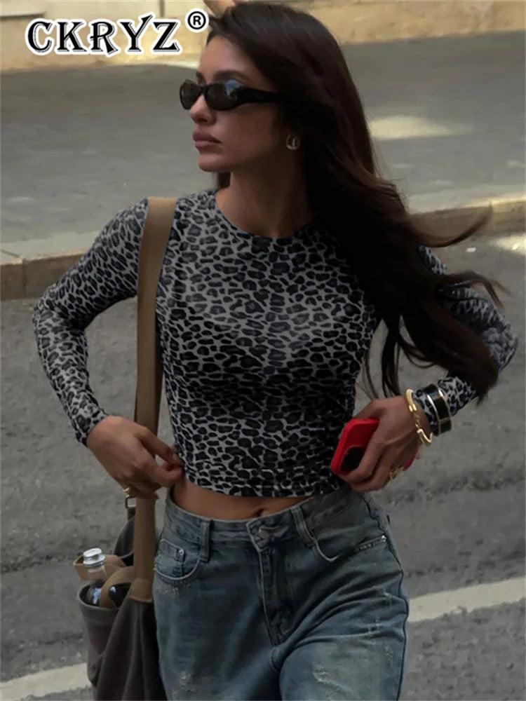 Ladies summer Leopard Print Clubwear Y2K Clothes Women Long Sleeve O-Neck Mesh See Through Slim T Shirt Holiday Streetwear Tees