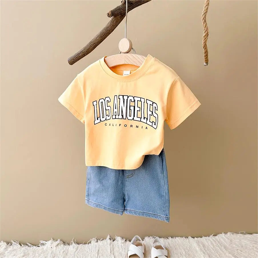 Summer New Baby Clothes Infant Letter Printing Top+Denim shorts Set Baby Boys Girls Casual Baby Set Newborn Baby Clothes 2Pcs
