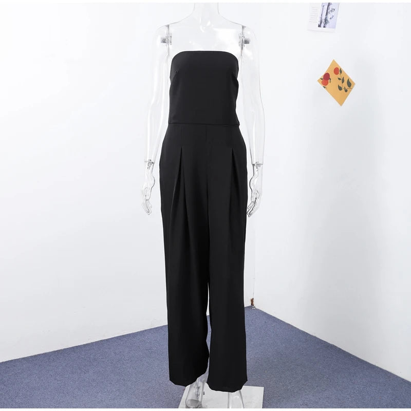 Sexy Backless Women's Jumpsuits Solid Off Shoulder Waist Cinching Pockets Wide Leg Pants Lady Bodysuit Summer Female Outwears