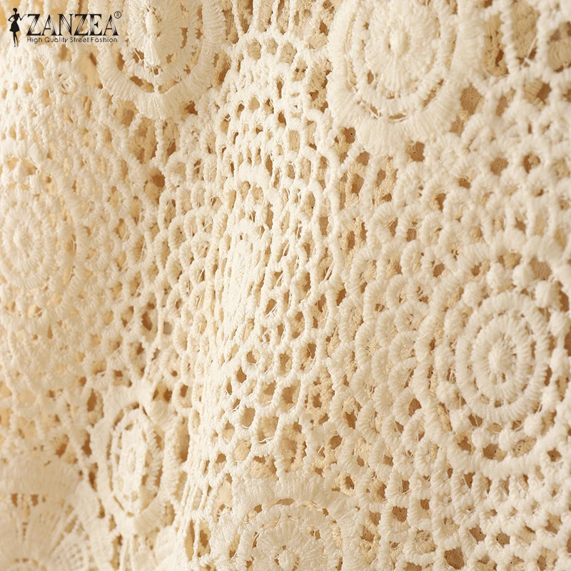 2025 Women Sleeveless Tanks Tops ZANZEA Summer Bohemain Lace Crochet Blouse Casual Loose Camis Fashion Holiday Beach Shirt Mujer