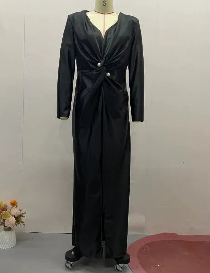 2025 autumn new style light mature style V-neck fashionable elegant pleated waist long sleeved evening dress long skirt