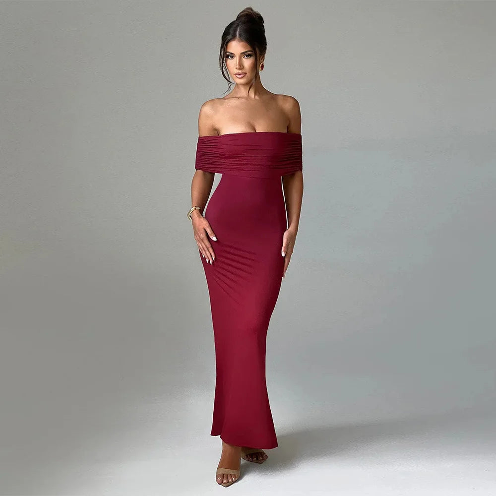 Ladies Summer Off Shoulder Fashion Evening Party Dresses For Women Strapless Backless Ruched Maxi Dress Birthday Clubwear Outfit