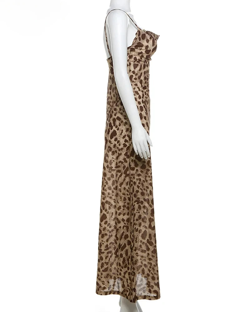Mooyufon Leopard Print Dress Woman Summer Sexy Swing Collar Spaghetti Straps Backless Ruffles Party Clubwear Skinny Vestidos