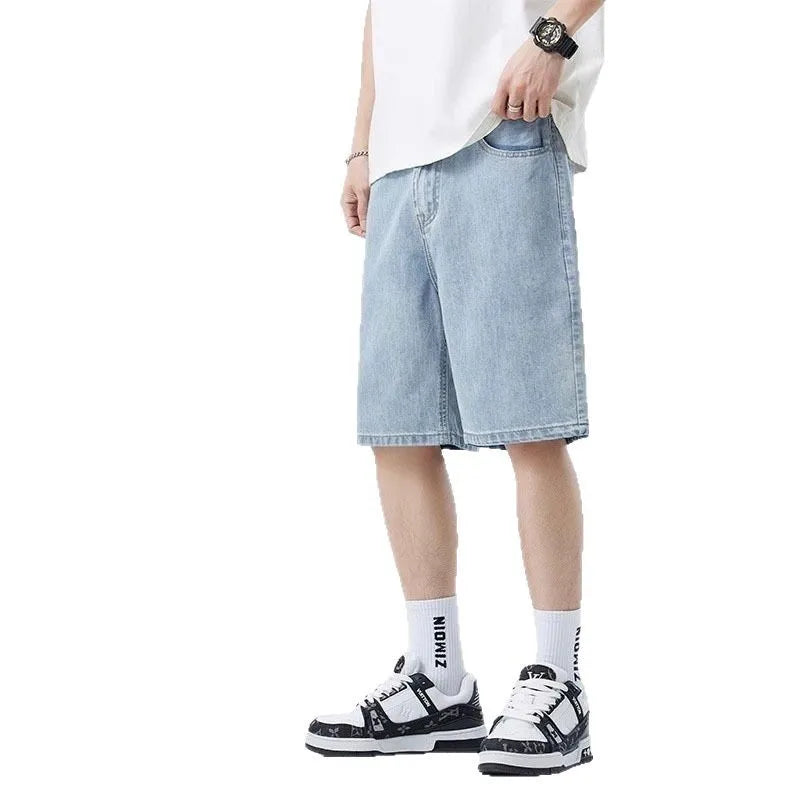 2025 New American retro short men's wide leg jeans Y2k Gothic washed loose straight leg casual men's denim shorts sports pants