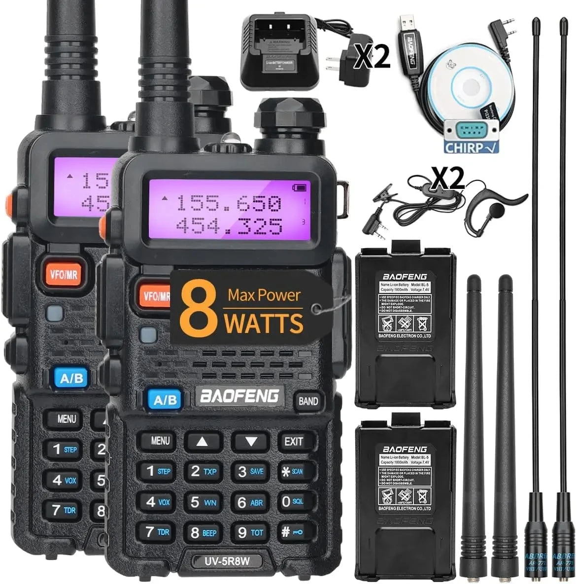 1/2X Baofeng UV-5R 8W Tri-Power Walkie Talkie High Power Dual Band Long Range 128CH Portable Handheld UV 5R Ham Two Way Radio