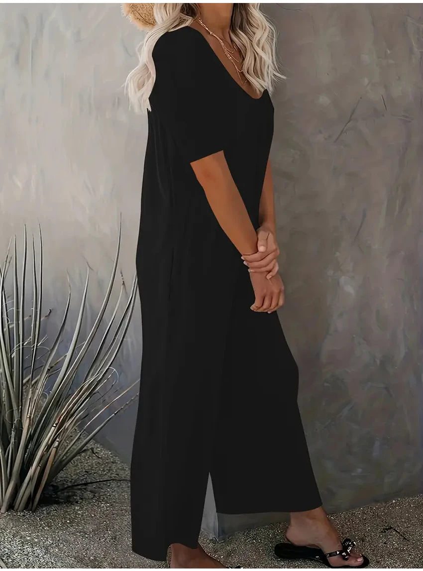 Plus Size 0XL-5XL Summer Rompers Overalls Women's Solid Color Jumpsuit with Pockets Casual Fashion Short Sleeve Jumpsuits