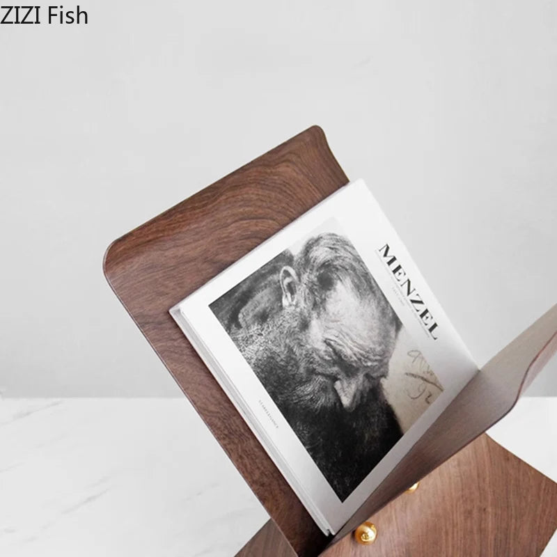 Walnut Wood Grain Metal Bookshelf File Book Organizer Shelves X-shape Magazine Racks Book Holder Metal Rack Room Aesthetic Decor