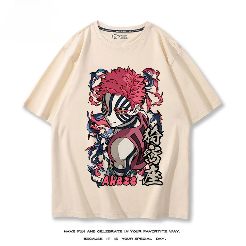 Hot Anime Demon Slayer Akaza Printed 100% Cotton T-Shirt Summer Outdoor Casual Comfortable Trendy Street Men's