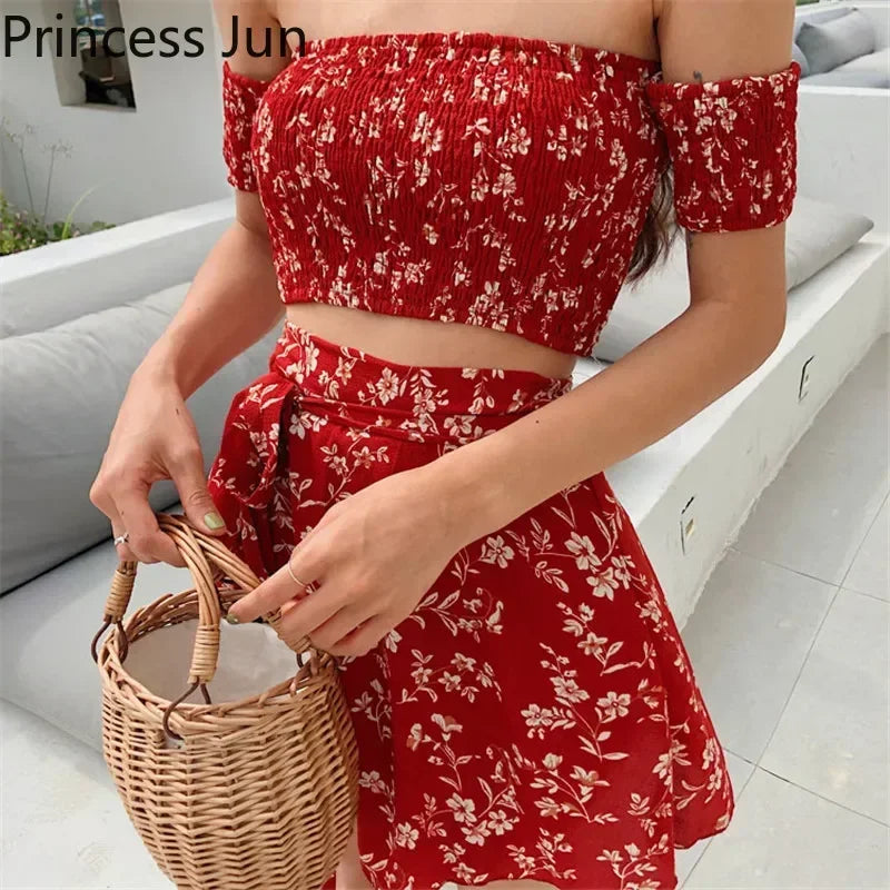 Summer Floral Fashion 2 Piece Sets Women Slash Neck Off Shoulder Shirt Crop Top&High Waist Mini Skirt Small Girl 2pc Dress Suits