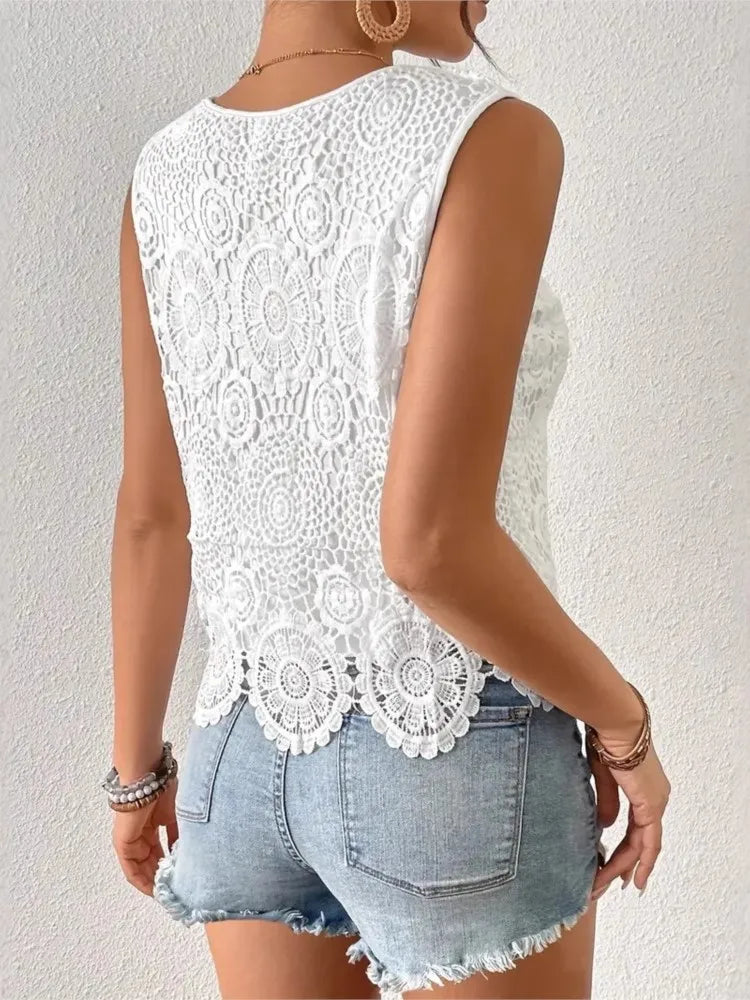 Lace Fashion Casual Evergrande Sling Vest White Fashion Party Women's Top T-Shirt New Elegant Tops Sleeveless Office T Shirts