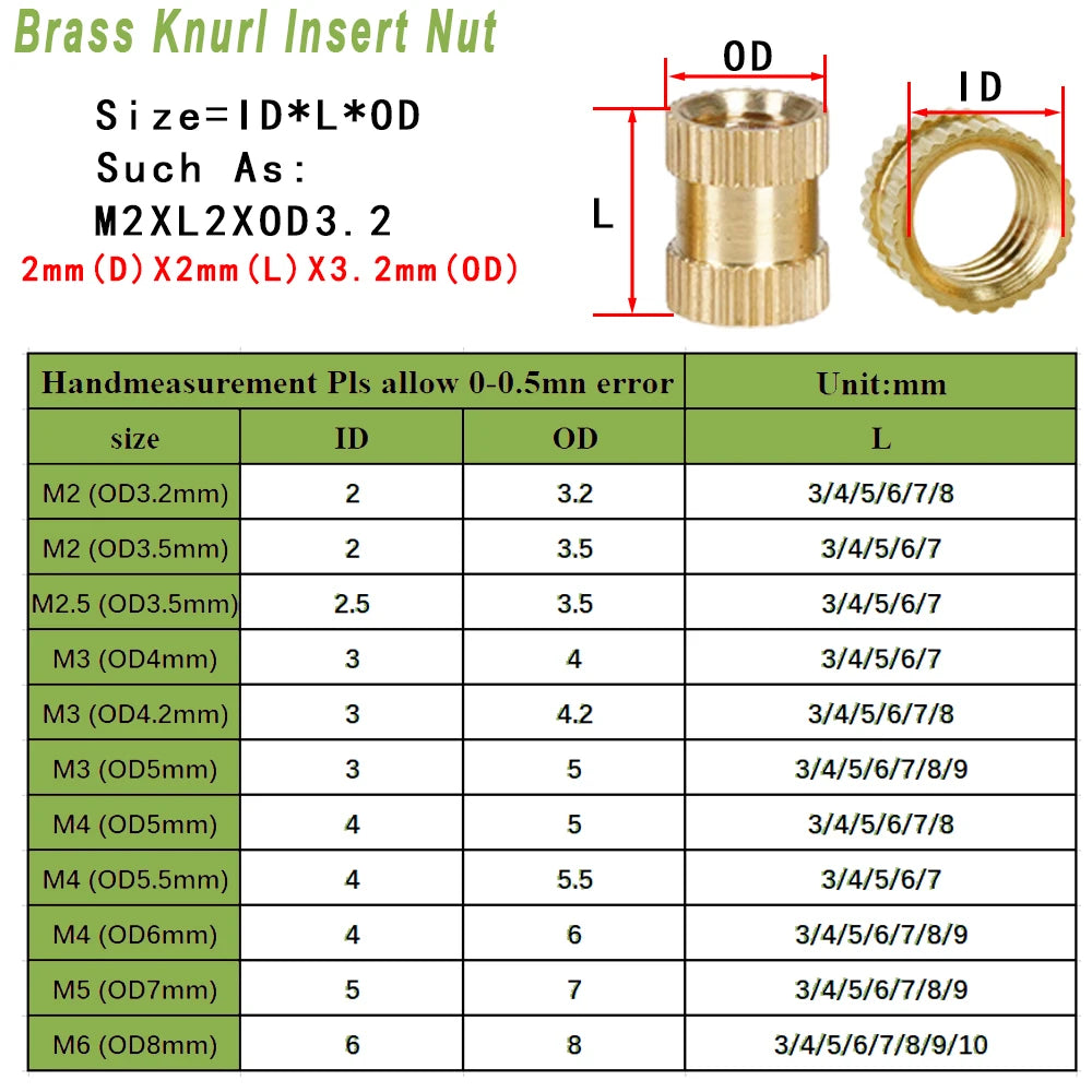 M2 M2.5 M3 M4 M5 M6 Heat Brass Insert Nut Metric Threaded Inserts Hot Melt Knurled Copper Nuts For 3D Printing Assortment Kit