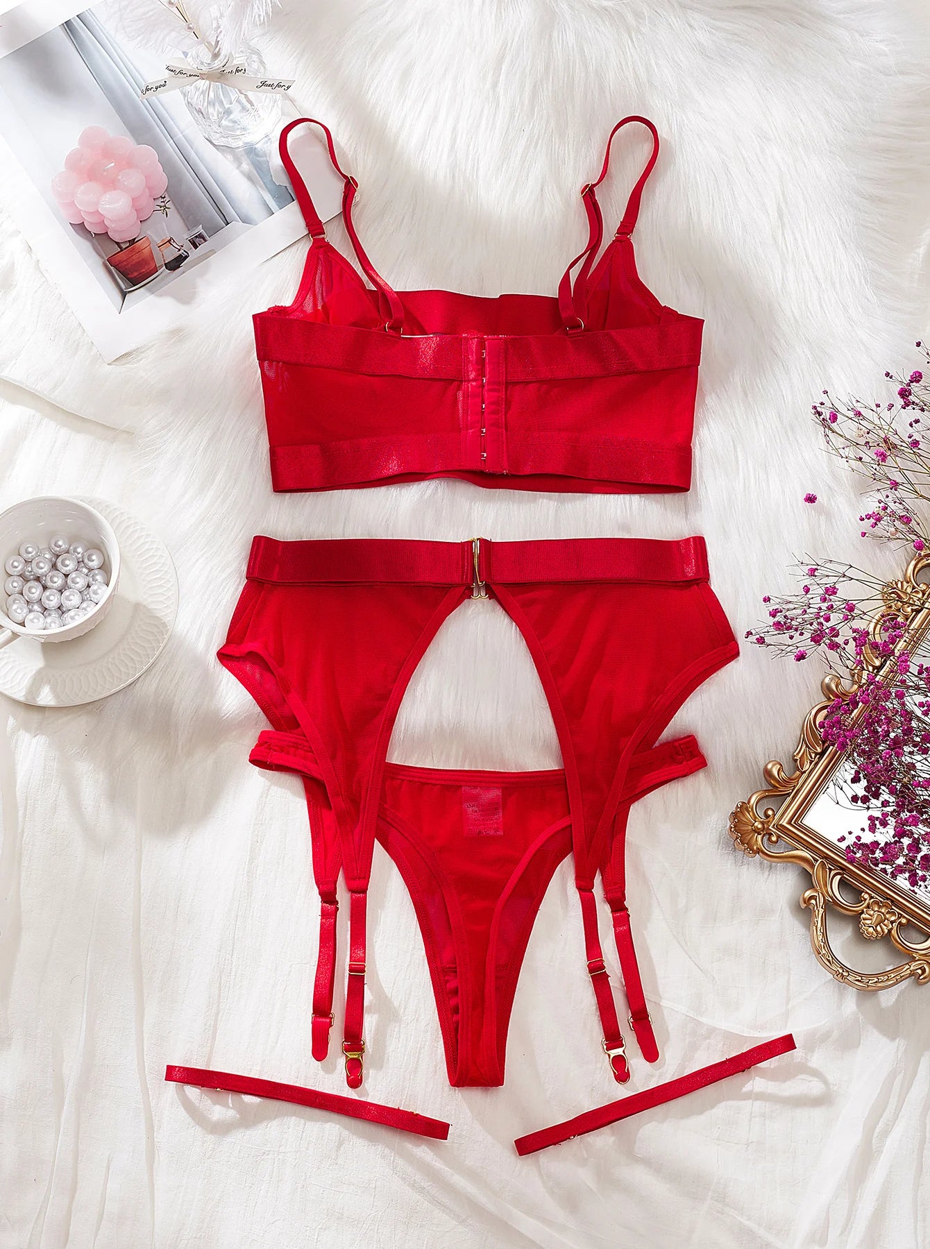 MUZISKAT 2025 New Women's Sexy Underwear Complex Craftsmanship Perspective Mesh Hollow Body Shaping Erotic Four Piece Set