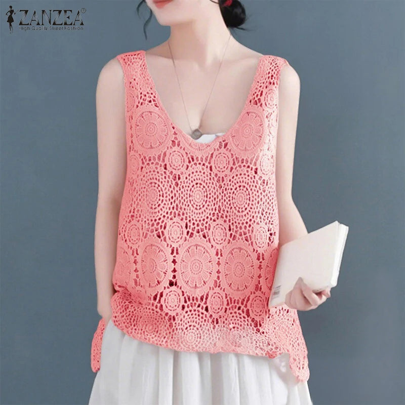 2025 Women Sleeveless Tanks Tops ZANZEA Summer Bohemain Lace Crochet Blouse Casual Loose Camis Fashion Holiday Beach Shirt Mujer