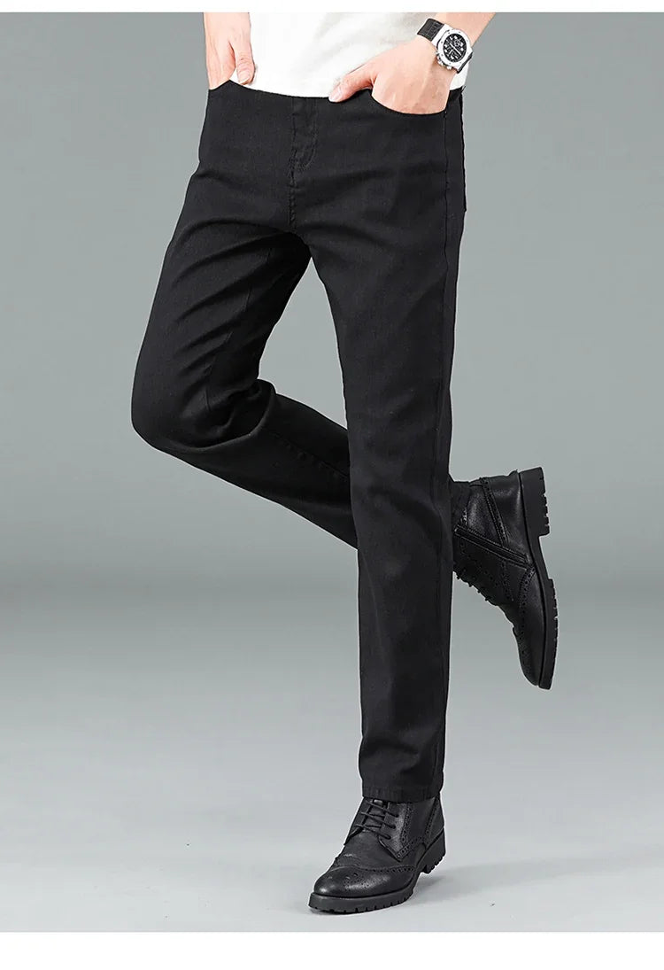 Men's Pure Black Slim Jeans Elastic Straight Pants Business Fashion Leisure Korean Vintage Skinny Small Feet Denim Pants Male
