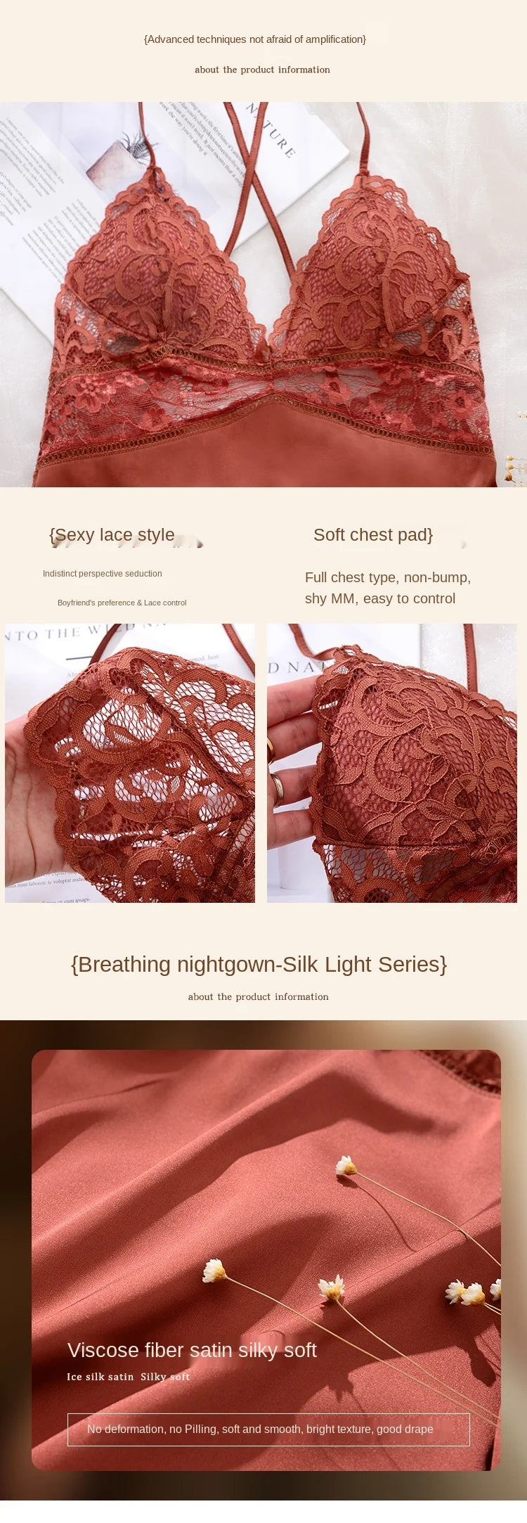 with Chest Pad Sleepwear Dress Backless Strap Nightgowns Lace Hot Temptation Vintage Nightgowns V-neck Nightwear Silk Homewear