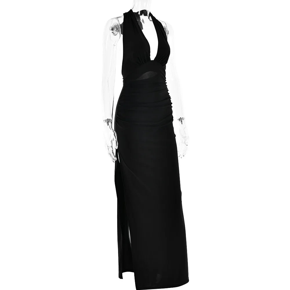 Ladies Summer Fashion Evening Party Dress Women Backless Deep V-Neck Halter Sexy Long Dresses Woman Clothes Birthday Clubwear