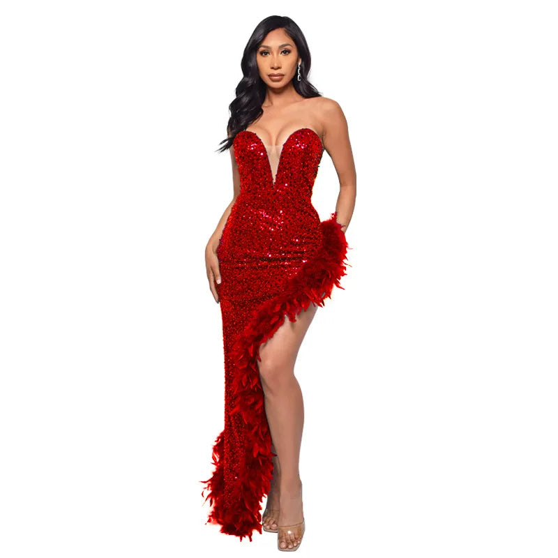 Ladies Summer Elegant Evening Party Dress Women Sleeveless Backless Tube Side Slit Long Dress Woman Clothes Birthday Clubwear