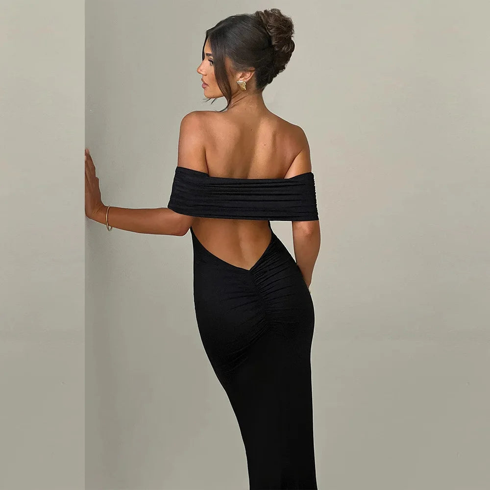 Ladies Summer Off Shoulder Fashion Evening Party Dresses For Women Strapless Backless Ruched Maxi Dress Birthday Clubwear Outfit