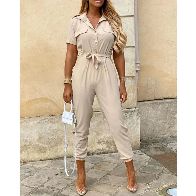 Women's Monochromatic Belt Workwear Jumpsuit, Casual Pants, Flip Collar, Buckle, European and American, Summer, 2024
