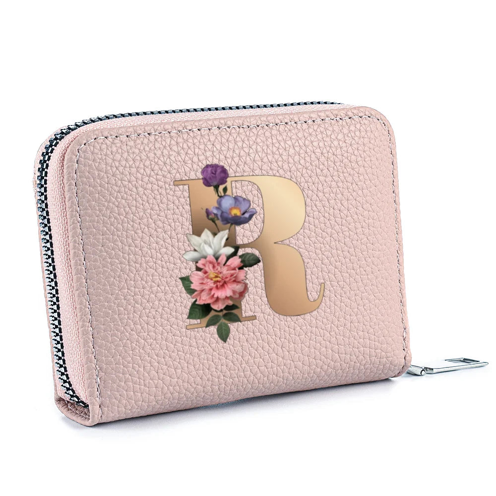 Fashionable Multi Functional 26-Letter Printed Pink Zipper Coin Purse And Credit Card Holder For Women
