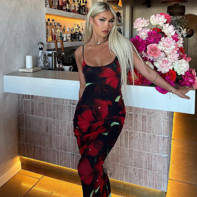 Ladies Summer Floral Print New Fashion Birthday Party Dress Women Sleeveless Backless Sexy Bodycon Maxi Dresses Club Streetwear
