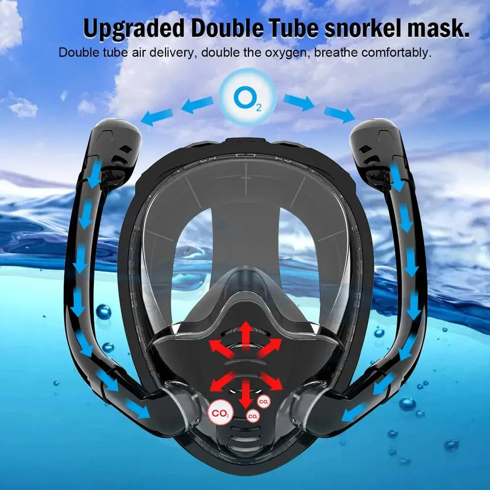 Full Face Snorkel Mask 180°Panoramic View Silicone Dry Top Snorkeling Diving Swimming Goggles With 2 Snorkels Anti-Fog Anti-Lea