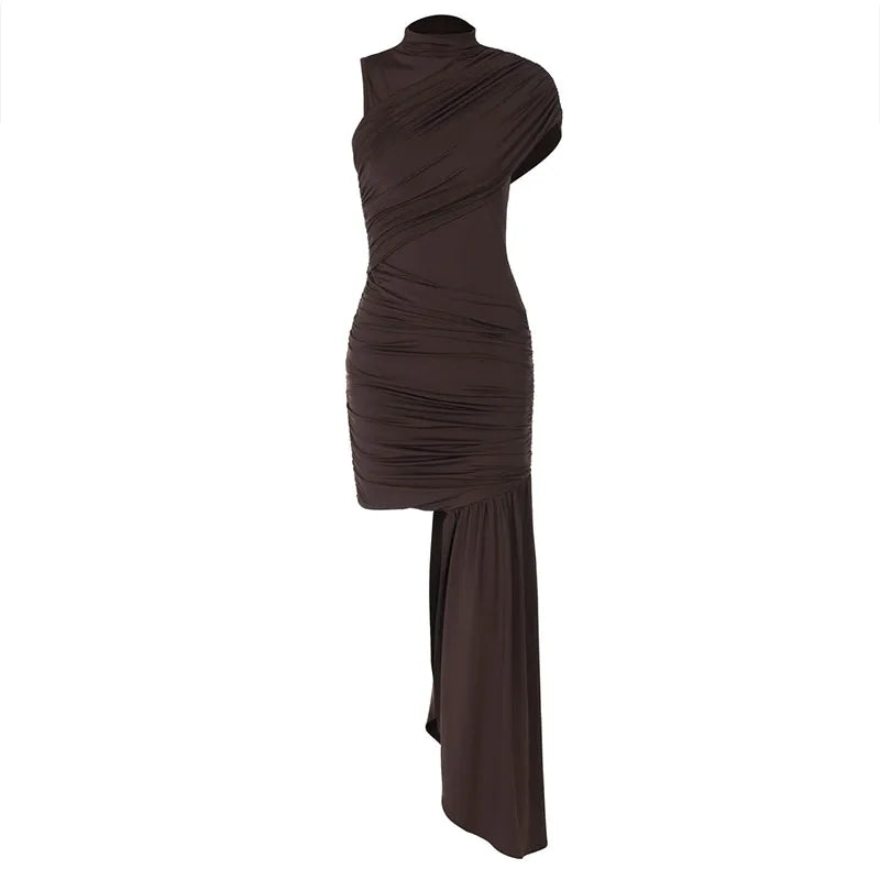 Elegant Women Pleated Irregular Patchwork Maxi Dress Chic Long Sleeve High Neack Dresses 2025 Summer Turtleneck Party Prom Gowns