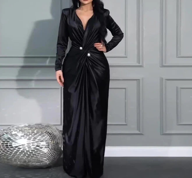 2025 autumn new style light mature style V-neck fashionable elegant pleated waist long sleeved evening dress long skirt