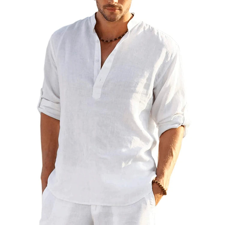 2023 New Men's Linen Long Sleeve T-Shirt Solid Color Loose Casual T-Shirt Long Sleeve Cotton Linen Shirt S-5XL