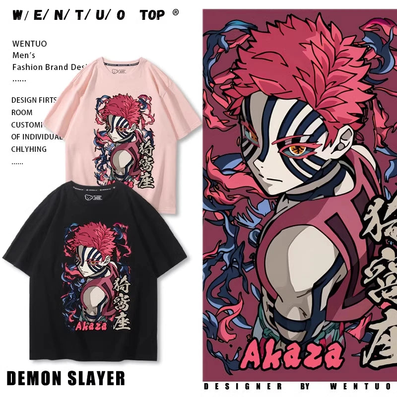 Hot Anime Demon Slayer Akaza Printed 100% Cotton T-Shirt Summer Outdoor Casual Comfortable Trendy Street Men's