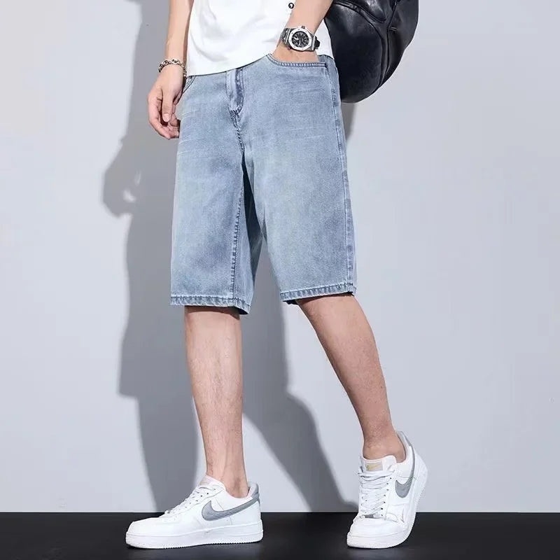 2025 new Fashion Streetwear Men's Denim Shorts Summer Loose Vintage Harajuku Splicing Hip-hop Cargo Moto Short Jeans Black Blue