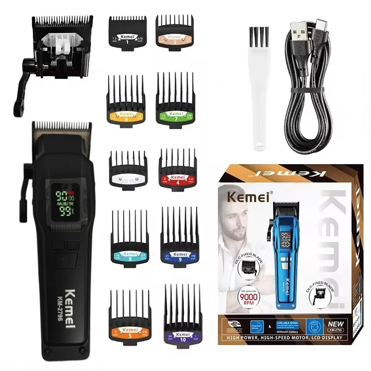 Kemei 2796 Barber Hair Clipper Professional Brushless Motor Fade Haircut Machine Electric Trimmer Hair Cutter for Men 9000RPM