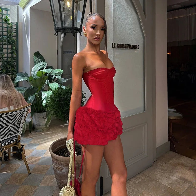 Ladies Summer Flower Elegant Evening Party Dress For Women Sleeveless Backless Tube Mini Dresses Woman Clothes Birthday Clubwear