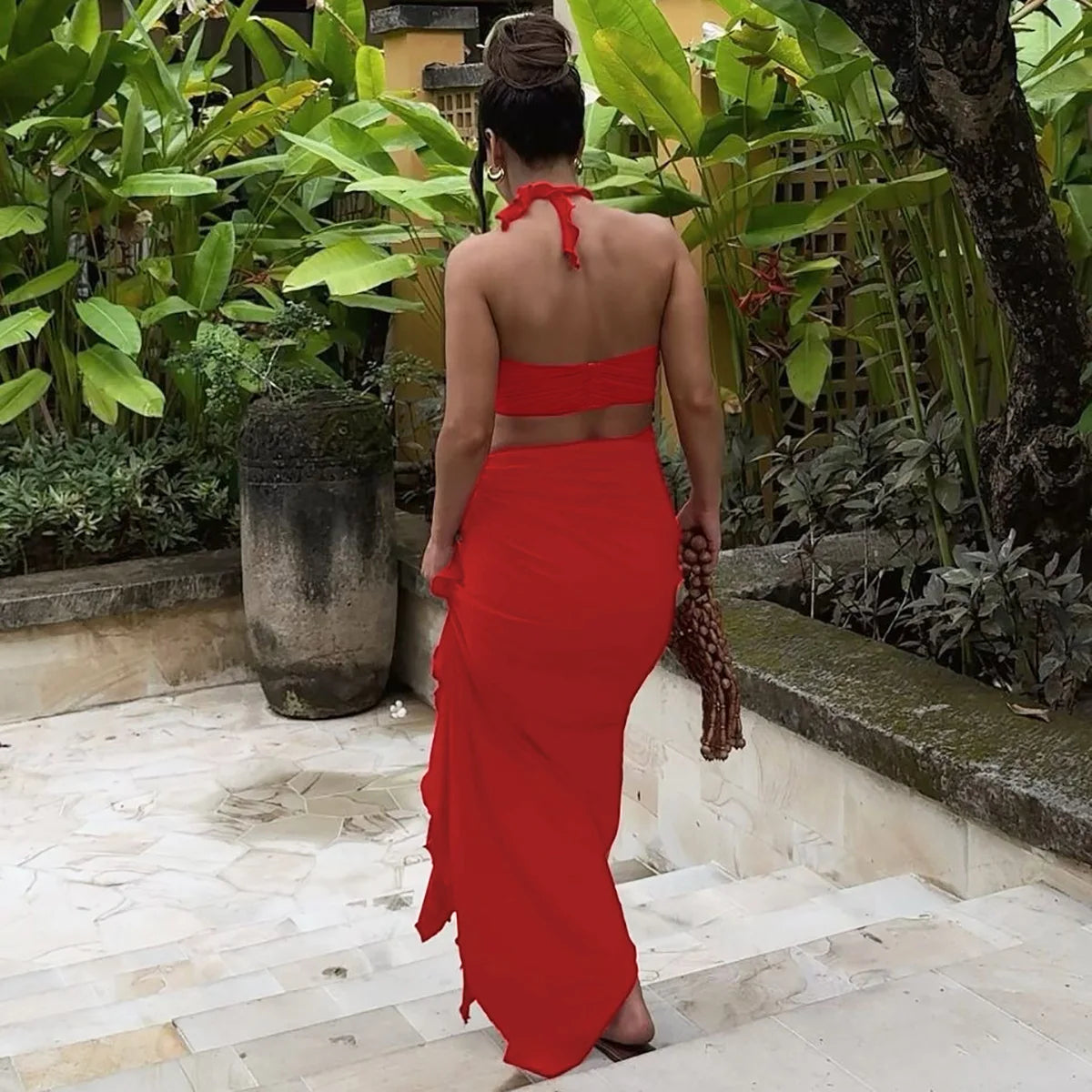 Ladies Matching Suit Applique Strapless Ruched Crop Top Ruffles Split Midi Dress Set Women Summer Party Club Y2K Fashion Outfits
