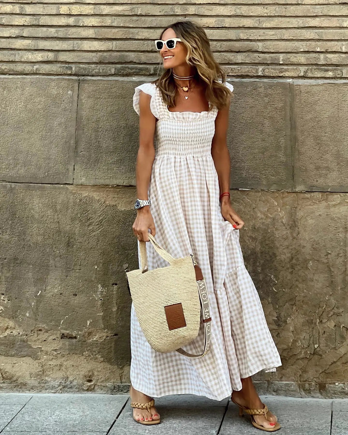 Elegant Plaid Slip Maxi Long Dress Summer Women Strapless Ruffle Backless Pleated Elastic Waist Boho Party Swing Loose Dresses