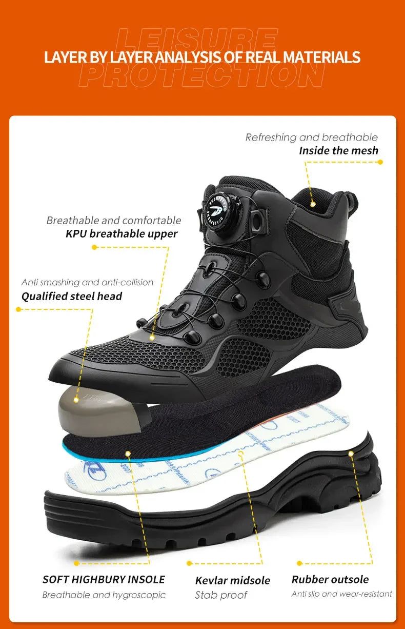 Rotary Buckle Work Boots Safety Steel Toe Shoes Men Breathable Safety Shoes Brand Indestructible Shoes Puncture-Proof work Shoes