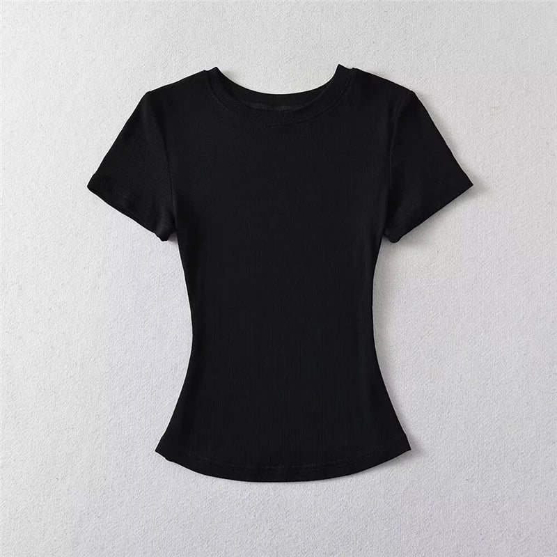 LUNDUNSHIJIA 2024 Summer Sexy Women Basic O-neck Short Sleeve T-shirt Ladies Slim Elasticity Cotton Tee Tops 12 Colors