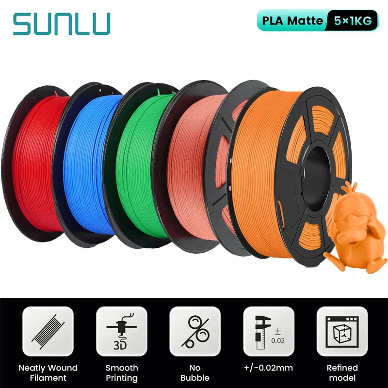 SUNLU 5Roll PLA Matte Filament 1.75mm 1kg Spool (2.2lbs) Smooth Matte Finish Neatly Wound Filament Fit Most FDM Printer