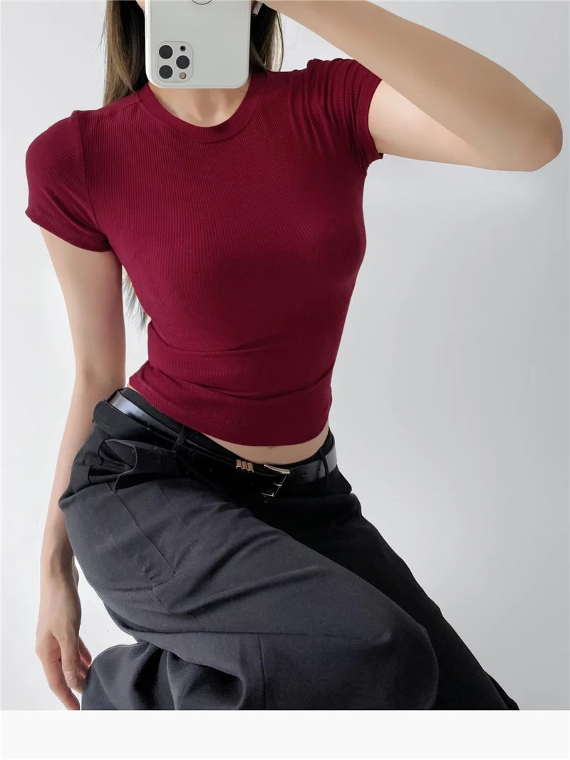 LUNDUNSHIJIA 2024 Summer Sexy Women Basic O-neck Short Sleeve T-shirt Ladies Slim Elasticity Cotton Tee Tops 12 Colors