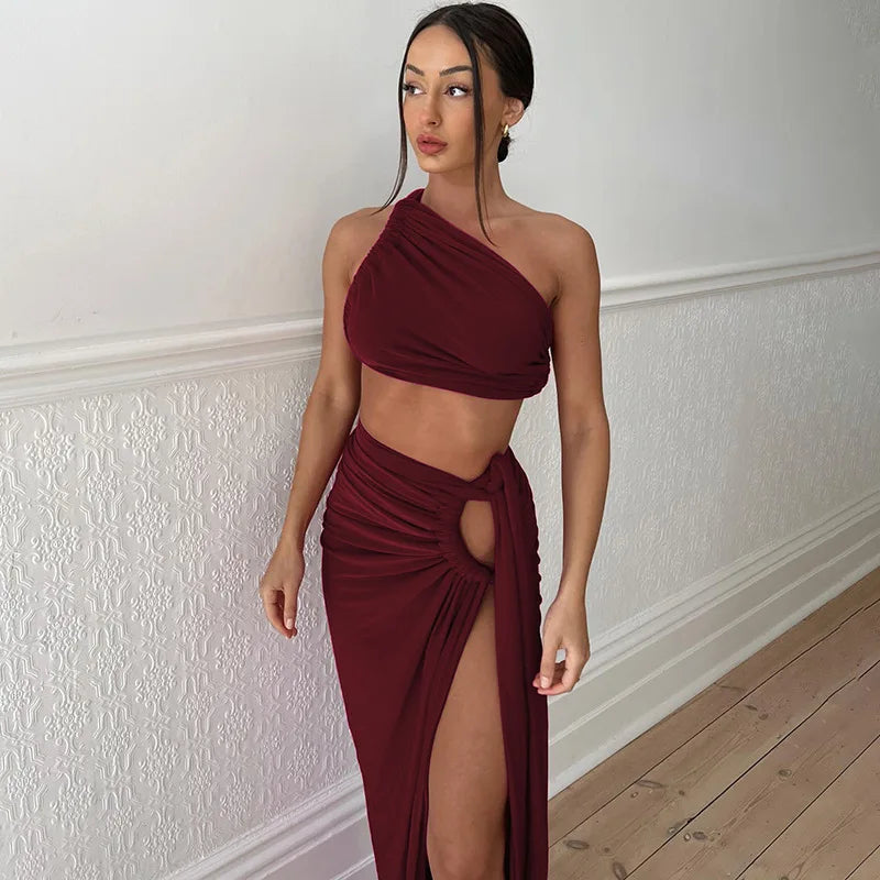 Ladies Summer 2 Pieces Set Women Sleeveless Backless Strap Spit Crop Top Side Slit Slim Long Skirt Evening Party Club Streetwear