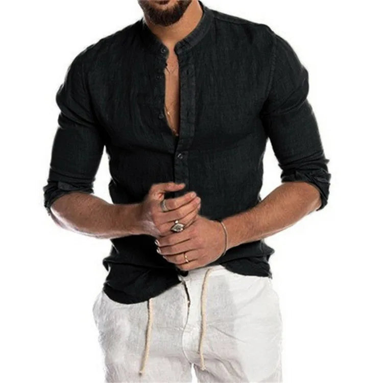 2023 New Men's Solid Color Linen Long Sleeve Shirt Stand Collar Cardigan Long Sleeve Loose Men's Shirt