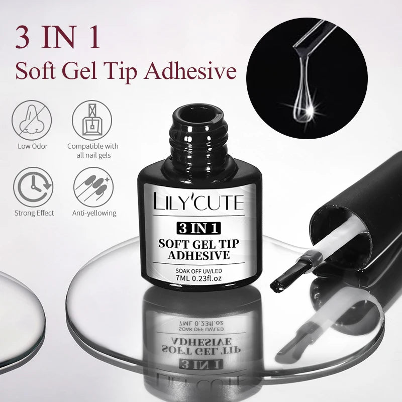LILYCUTE 7ml 3 IN 1 Soft gel tips ADHESIVE Gel 24Pcs False Tips Extend Nails Function Gel Soak Off UV LED Nail Gel