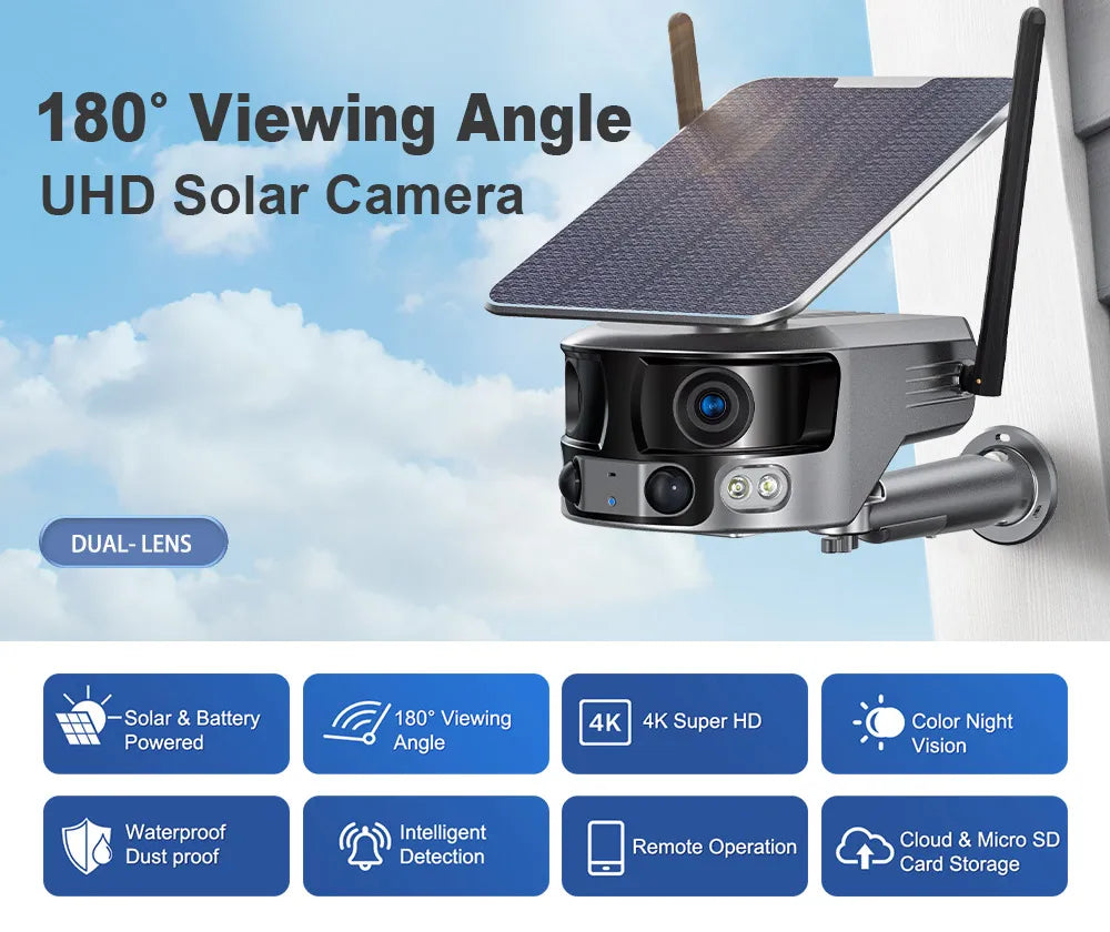 LS VISION 8MP 4G Solar Security Camera Outdoor WIFI 180° Ultra Wide View Angle 4X Zoom Dual Lens PIR Human Detection CCTV Camera